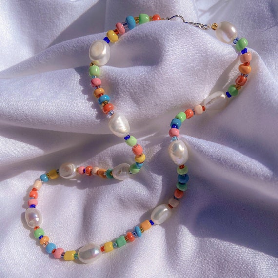 Beaded with genuine water fresh pearl necklace/colorful beaded | Etsy