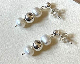 Freshwater Pearl Drop Earrings | Sterling Silver Ball Accents