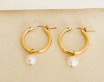 Dangle Pearl Earrings Wedding, Gold Pearl Earrings, Bridesmaid Gift, Real Pearl Earrings, Pearl Hinged Earring