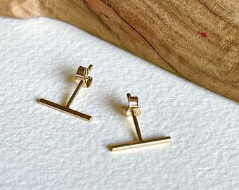 Minimalist 14K Gold Bar Stud Earrings - Handcrafted Jewelry, Hypoallergenic, Anti-Tarnish, Dainty Bar, T-Stud, Line Earrings