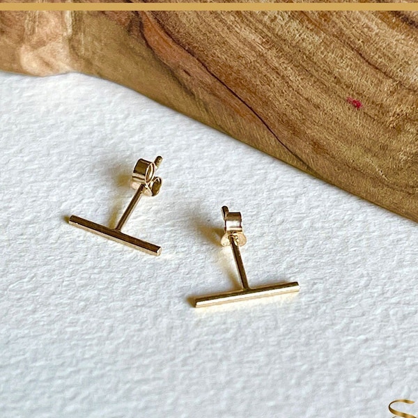 Minimalist 14K Gold Bar Stud Earrings - Handcrafted Jewelry, Hypoallergenic, Anti-Tarnish, Dainty Bar, T-Stud, Line Earrings