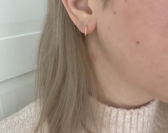 May include: A close-up of a person's ear with a small gold hoop earring.