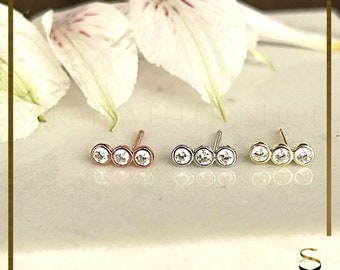 Sterling Silver Triple CZ Stud Earrings – Gold & Rose Gold Options