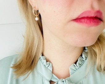 Gold Filled Pearl Dangle Hoop Earrings, Hinged, Bridesmaid Gift