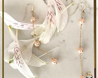 14K Gold Filled Pearl Drop Earrings, Peach Swarovski Pearls