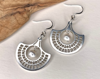 Sterling silver geometric earrings with fresh water pearls , Fan shape silver earrings, Pearl silver earrings, Dainty earrings, gifts,
