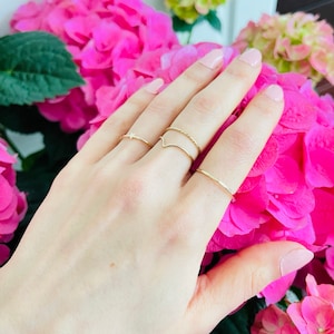 May include: A hand wearing four gold rings, including a delicate chain ring, a curved band, and two thin bands. The hand is resting on a cluster of pink hydrangeas.