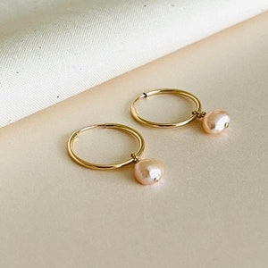 14K Gold Filled Tarnish Resistant Hoop Earrings With Fresh water Pearls, Minimal Gold Hoop Earrings, Dainty Gold And Dangle Hoop Earrings