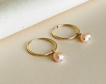 14K Gold Filled Tarnish Resistant Hoop Earrings With Fresh water Pearls, Minimal Gold Hoop Earrings, Dainty Gold And Dangle Hoop Earrings