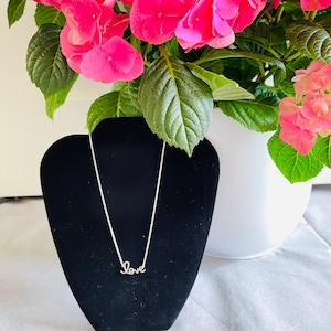 May include: A silver necklace spelling out the word "love" in a cursive font. The necklace is presented on a black velvet stand, with bright pink flowers and green foliage in the background.