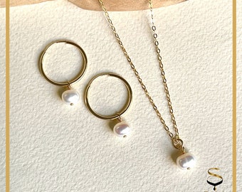 14k Gold Filled Tarnish Resistant Necklace Earring Set With Pearl Charm, Bridal Necklace And Earrings Set , Dainty Sets Bridal Jewelry