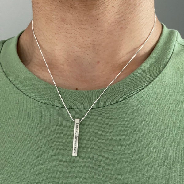 Custom 3D Bar Necklace In Sterling Silver, Silver Personalized Vertical 3D Bar Necklace With Bead Chain, Engravable silver necklace