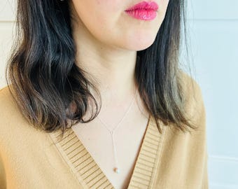 Dainty Freshwater Pearl Y Necklace, 14k Gold Filled or Sterling Silver