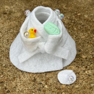 Mini Desk Goose Bath Robe and Rubber Duck Soap Bubbles Outfit for 7” figurine | NO GOOSE INCLUDED | Handmade |