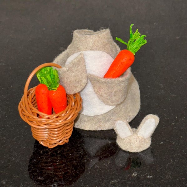 Mini 7” Desk Goose Gray Brown Easter Bunny Basket with Carrots and Pose-able Arms Outfit for 7” figurine | NO GOOSE INCLUDED | Handmade |