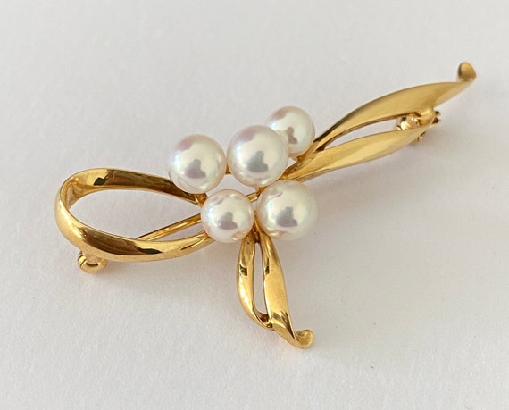 Mikomoto Akoya Pearl 18k Gold Brooch/ Vintage Pea… - image 1