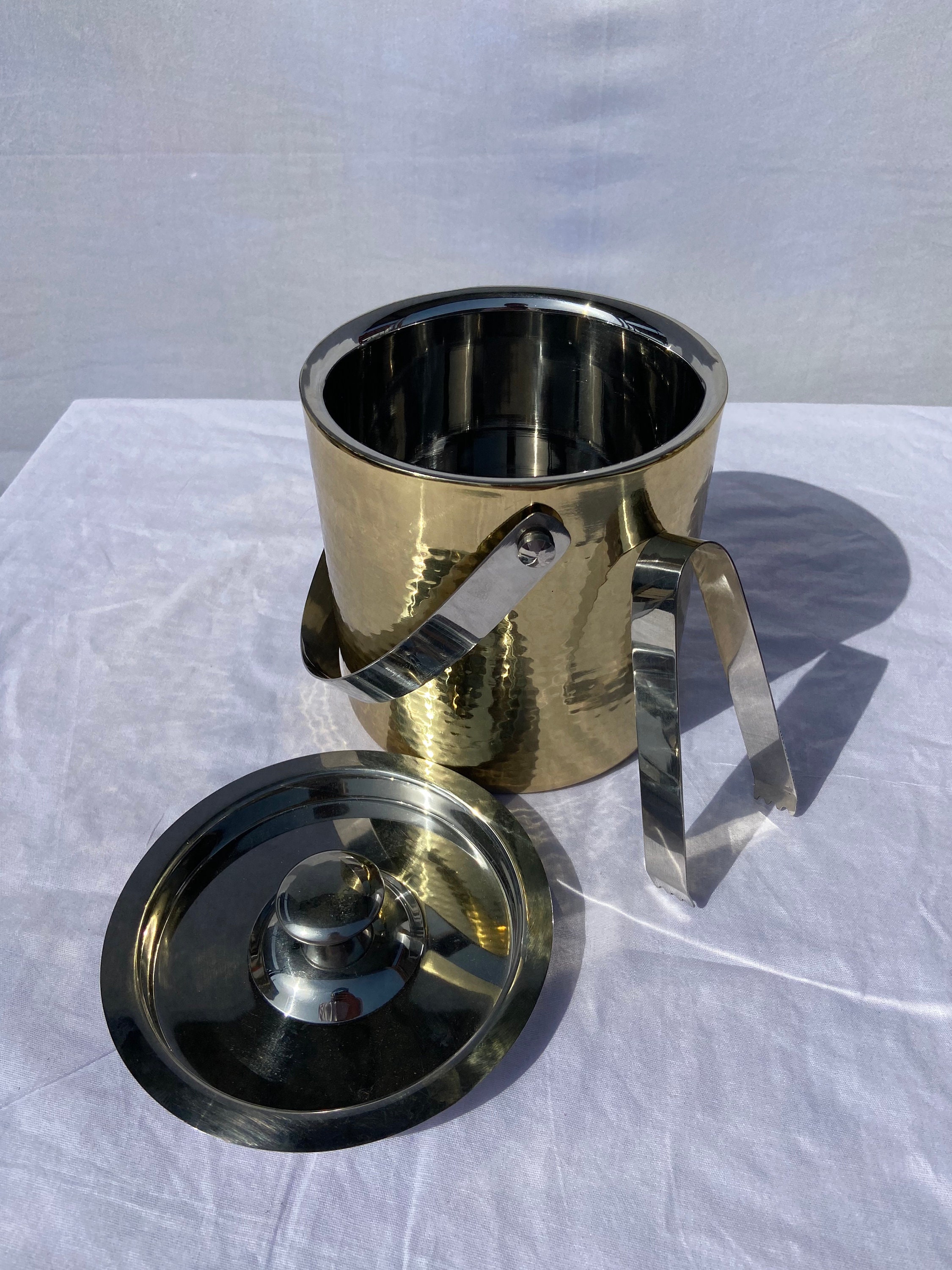 Gold finished steel ice bucket with tongs Etsy