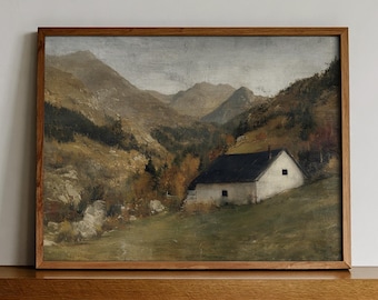 Rustic Swiss Alps Landscape Print, Vintage Alpine Cottage Scene, Digital Download 14-75