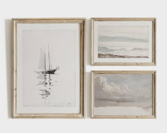 Neutral Vintage Coastal Print Set: Sailboat, Landscape, Cloud (Digital Printable) S-27