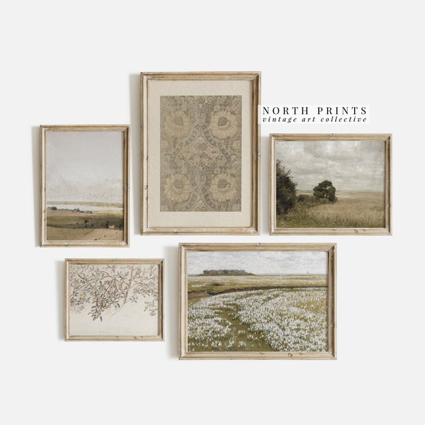 Vintage Green Neutral Gallery Wall Set: Landscape & Botanical Prints (Digital Printable) S5-10