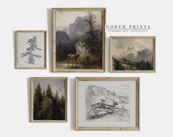 May include: A collection of five framed vintage art prints. The prints feature landscape scenes, including mountain ranges, forests, and wildlife. The frames are a light wood color. The text "NORTH PRINTS vintage art collective" is visible.
