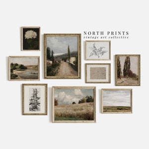 May include: A gallery wall featuring nine framed vintage prints. The prints depict landscapes, botanical illustrations, and a single white flower. The frames are all gold and have a simple, elegant design. The text "NORTH PRINTS vintage art collective" is displayed at the top of the image.