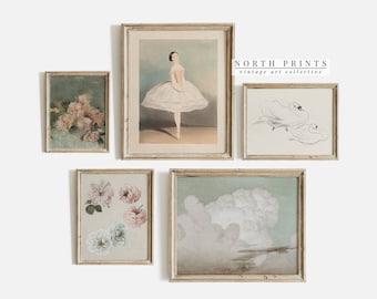 Vintage Nursery Gallery Wall Art Set of FIVE | Girls Room Soft Pink and Green | Digital PRINTABLE North Prints | S5-22