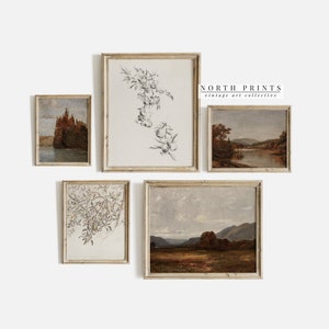 May include: A collection of five framed vintage art prints, including a black and white botanical illustration, a landscape scene with a river and trees, and two other landscape scenes. The frames are all a light wood color.