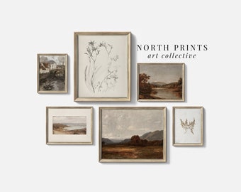 May include: A gallery wall featuring six framed prints. The prints include a black and white botanical illustration, a landscape scene with a river, a landscape scene with a lake, a landscape scene with a mountain range, a seascape scene, and a black and white botanical illustration. The prints are all in simple, elegant frames.