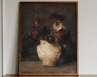 Dark Floral Still Life Print, Vintage Botanical Bouquet, Moody Cottage Wall Art, Old World Decor, PRINTABLE Digital Download 13-150