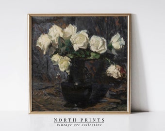 Dark Moody Roses Painting | Vintage Square Flower Still Life Print | Digital PRINTABLE | 1051