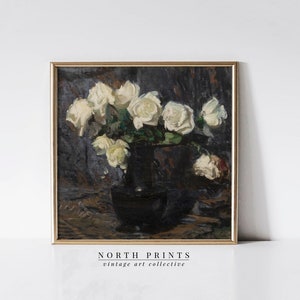 Dark Moody Roses Painting | Vintage Square Flower Still Life Print | Digital PRINTABLE | 1051