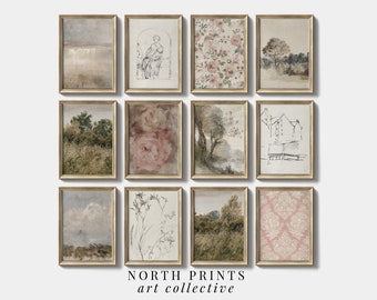 English Country Gallery Wall Art Set of 12 | Muted Tones Pink Vintage Living Room Decor | PRINTABLE Digital DOWNLOAD | North Prints S12-01