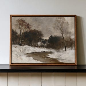 Vinterlandskapskonst, vintagehögtidsmålning, väggdekoration med skogsbäck, utskrivbar digital konst för nedladdning W2-103