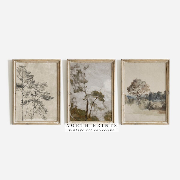 Vintage Muted Landscape Gallery Wall SET of Three | Neutral Tree Art Prints | North Prints PRINTABLE Digital | S3-27