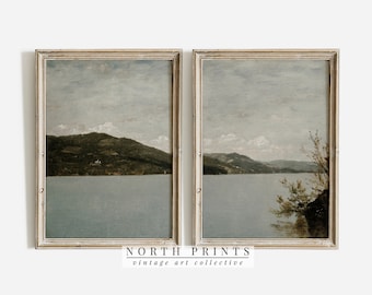 Vintage Lake Landscape Painting Set of 2, Lake House Wall Decor (Printable Download) S2-102