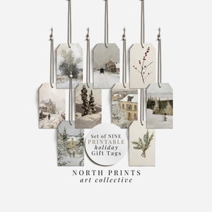 Printable Holiday Gift Tags Set of NINE | Farmhouse Aesthetic Christmas Winter Gift Tags Digital Download | North Prints T-01