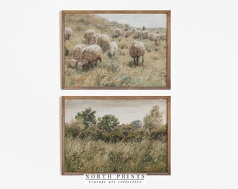 Vintage Country Farmhouse Print SET | Landscape Paintings | Sheep PRINTABLE | Rustic Nursery Decor | S2-15