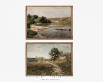 SET met landelijke landschapsprint | Vintage boerderij wordt afgedrukt digitaal AFDRUKBAAR | Noord-prints | S2-8