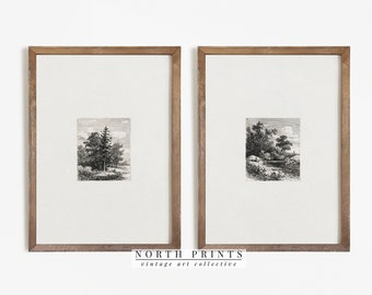 Simple Vintage Neutral Etching Print SET | Landscape Sketch Drawings North Pints PRINTABLE #S2-14