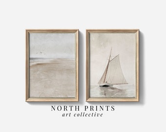 PRINTABLE Art Coastal Neutral Vintage Sailboat Beach Prints | Gallery Wall Set of Two Paintings | Lake House Downloadable Wall Art S2-109