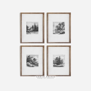 Rustikales Antik Galerie Wandbild Set von Vier | Neutrale Landschaft Skizze Radierung Drucke | Digital DRUCKBAR | S4-16