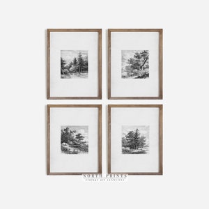 Rustic Antique Gallery Wall Print Set of Four | Neutral Landscape Sketch Etching Prints | Digital PRINTABLE | S4-16