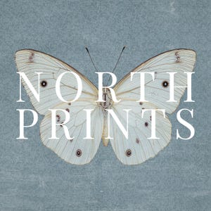 May include: A white butterfly with black spots on its wings against a blue background. The text "NORTH PRINTS" is superimposed on the butterfly.