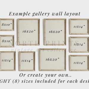 May include: A gallery wall layout featuring eight framed prints in various sizes. The frames are light-colored with a vintage aesthetic. Sizes include 8x10 inches, 11x14 inches, and 16x20 inches. Text indicates eight sizes are included.