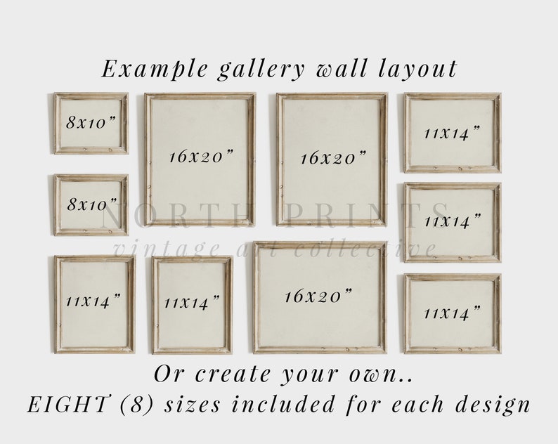 May include: A gallery wall layout featuring eight framed prints in various sizes. The frames are light-colored with a vintage aesthetic. Sizes include 8x10 inches, 11x14 inches, and 16x20 inches. Text indicates eight sizes are included.