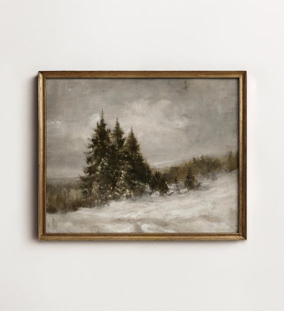 Rustic Snowy Landscape Painting, Winter Pine Forest Wall Art, Moody Holiday Printable Digital Art Download W2-59