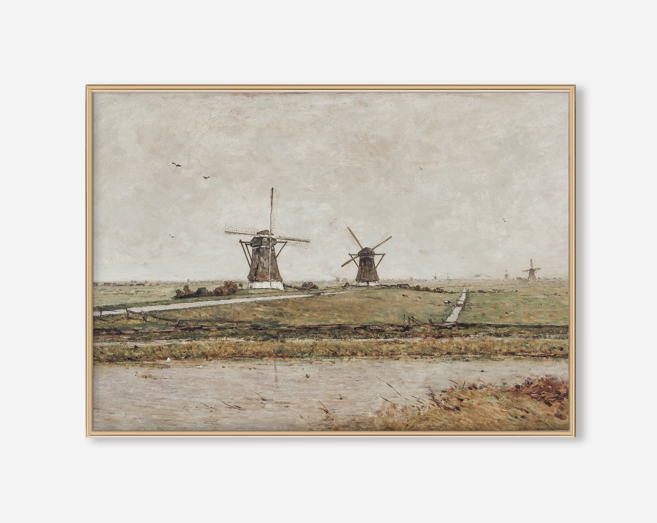 オランダの風車の風景画｜ヴィンテージオランダの田園風景油絵（印刷
