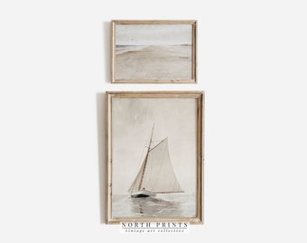 Coastal Gallery Wall Art Set: Vintage Sailboat & Seaside Prints (Digital Download Printable) S2-107