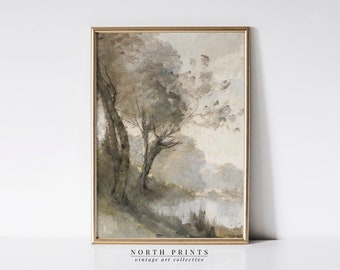 Muted Fluss Landschaft Gemälde | Weiche neutrale Grüntöne | North Prints Herunterladbarer DRUCKBARER Digitaler Kunstdruck | 5-207